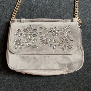 Indigo gray suede floral design rhinestone decorated hand/crossbody bag
